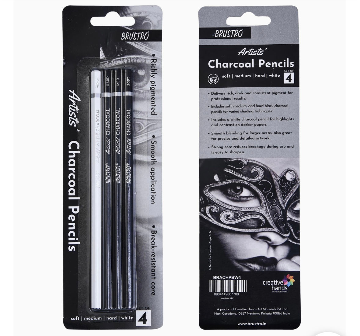 Artists Charcoal Pencil-Set of 4 (3 Black Shade - Soft, Medium, Hard and 1 White
