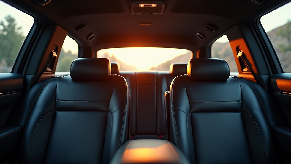 Close-up view of a limousine interior with elegant leather seats and ambient lighting