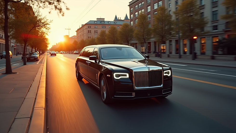 High angle view of a luxury limousine driving on a city street at sunset