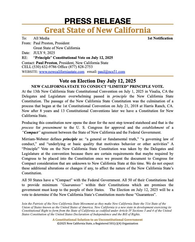 The State of New California Prepared for Limited Principle Vote After Passing a New State Constitution Last Week