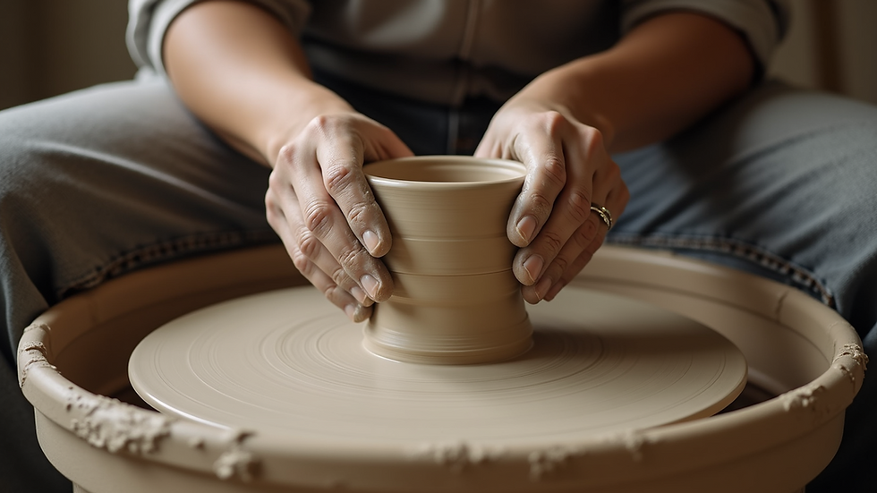 Close-up view of hands shaping clay on a pottery wheel