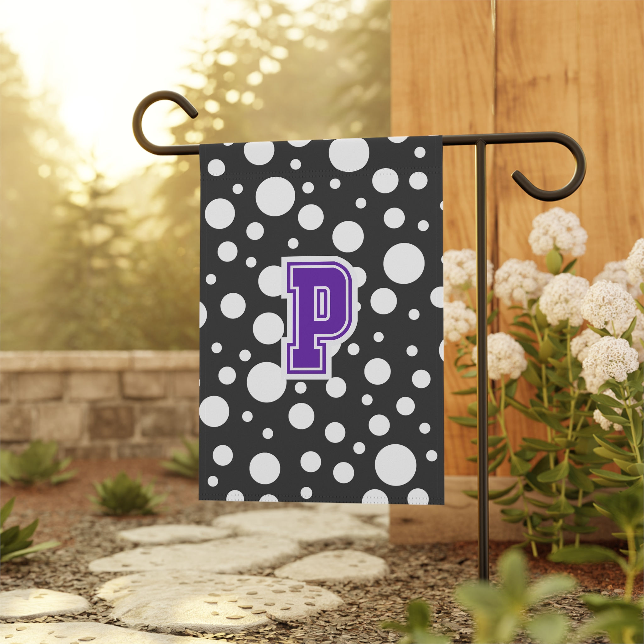 Monogram P Polka Dot Garden Flag — Black & White