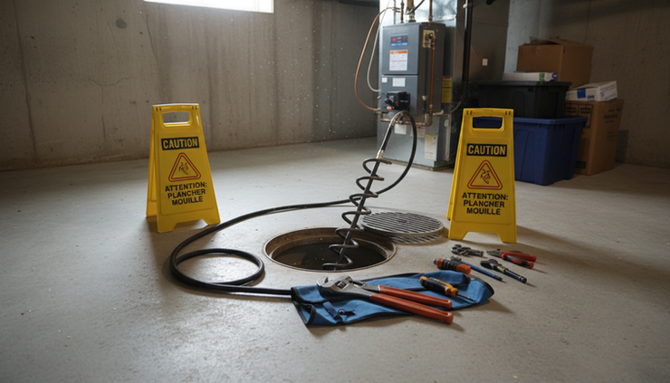 Eye-level view of plumbing tools beside an open utility room drain.