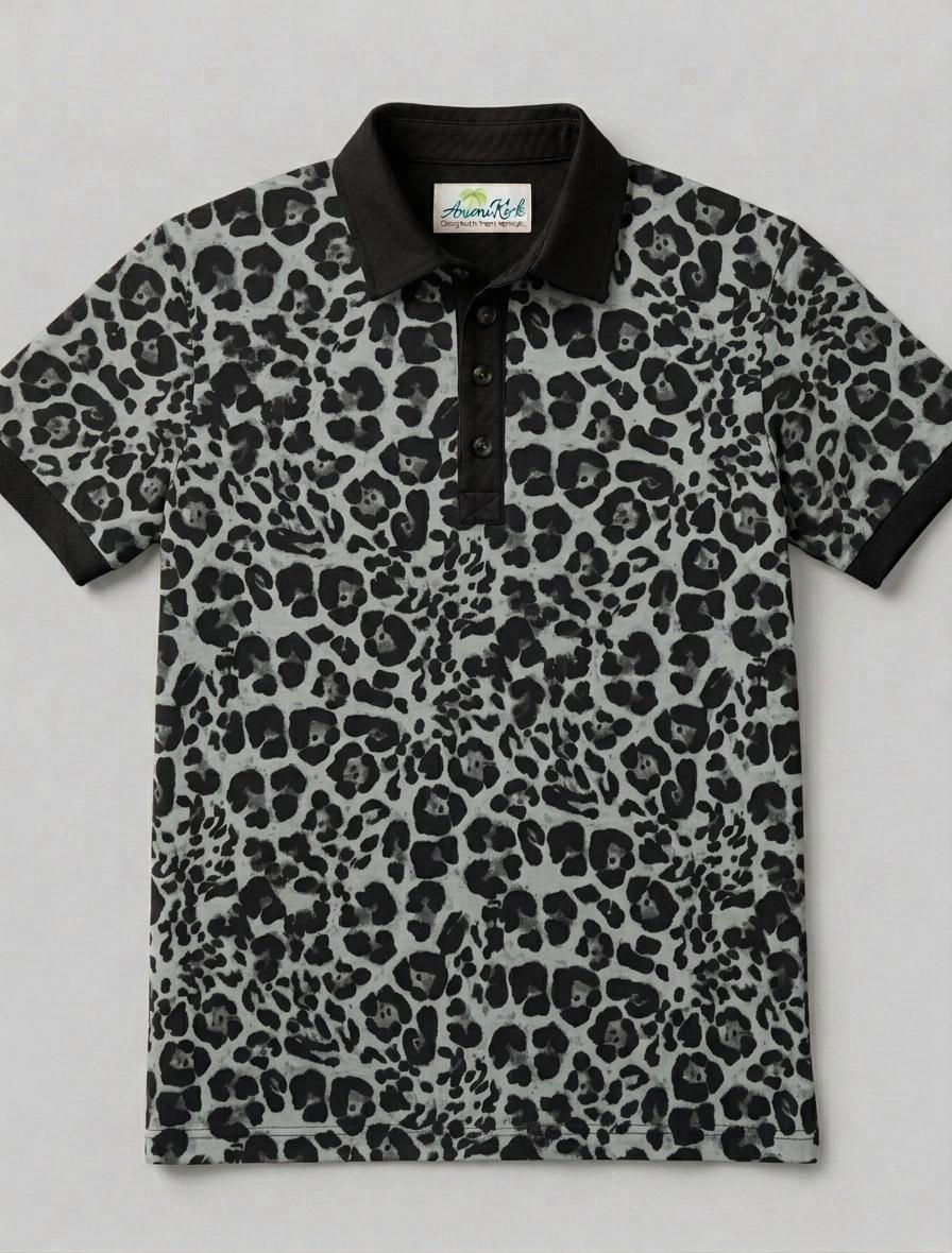 Thumbnail: Flat lay of the Antoni Kirk Perry Print Polo in a black-collared black and gray leopard Kinky Kitty print.