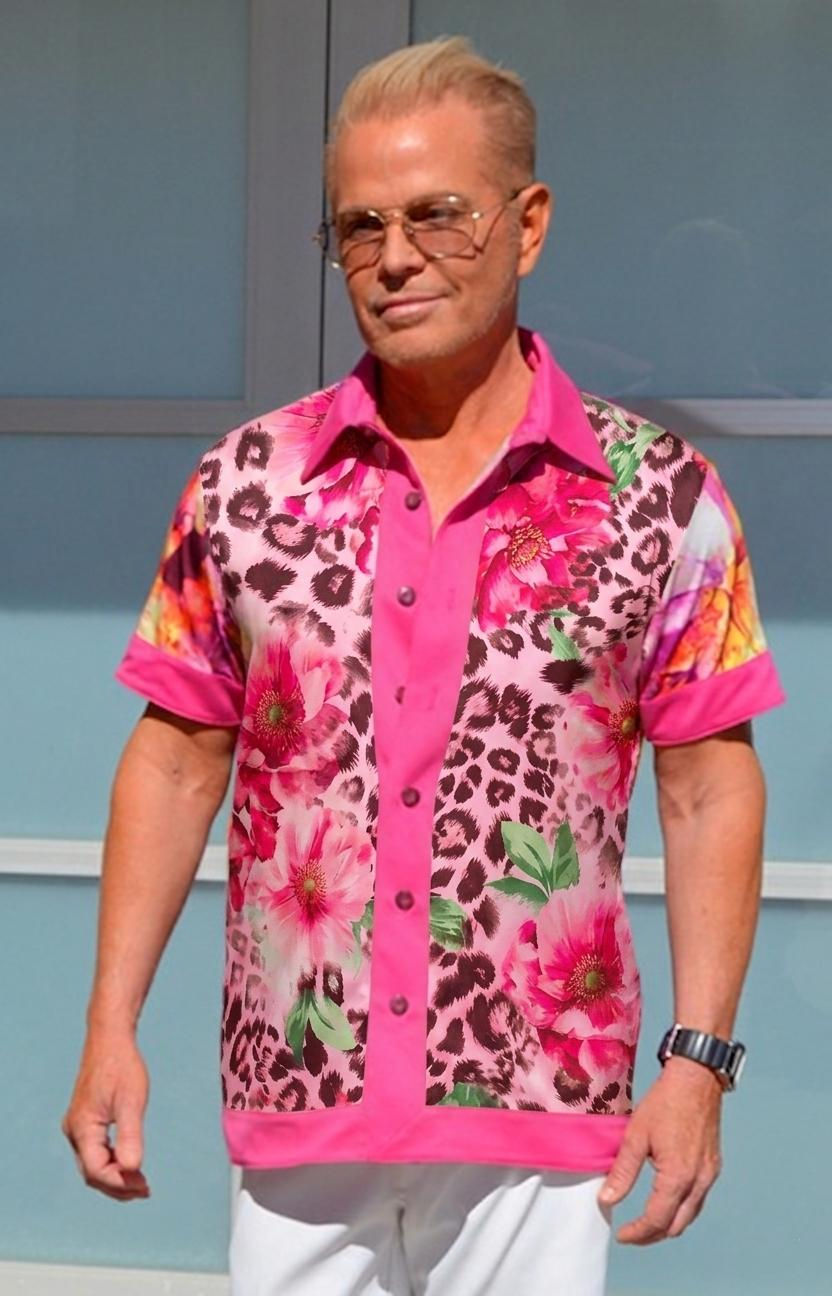 Thumbnail: Model wearing the Antoni Kirk Kirk Shirt, a button-up panel top in a vibrant pink floral leopard Pink Panther print.