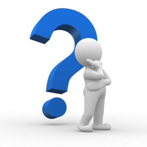 A 3D white stick figure character standing in a thinking pose with a hand on its chin, looking up at a large, vibrant blue question mark against a plain white background.