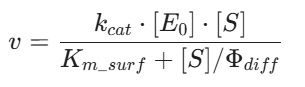 NEMCE Equation 6: Michaelis-Menten Surface-Diffusion form for enzymatic plasticiser hydrolysis. v = (k_cat * [E0] * [S]) / (Km_surf + [S] / Phi_diff)