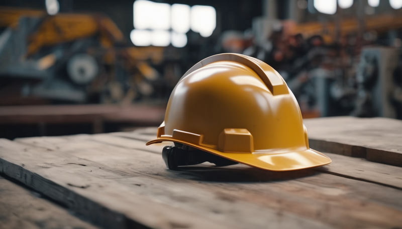 A bright yellow hard hat resting on a wooden surface in a workshop, symbolizing the essential Health
