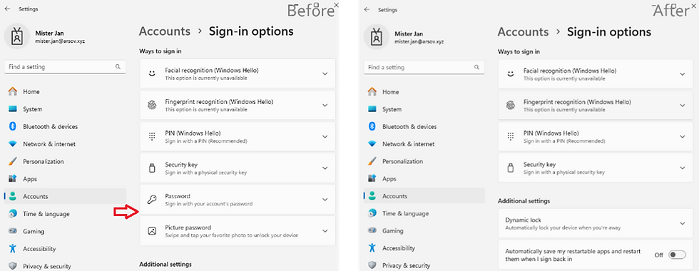 Windows Settings app with disabled password option.