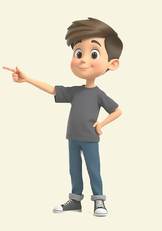 an animated boy standing and pointing fi