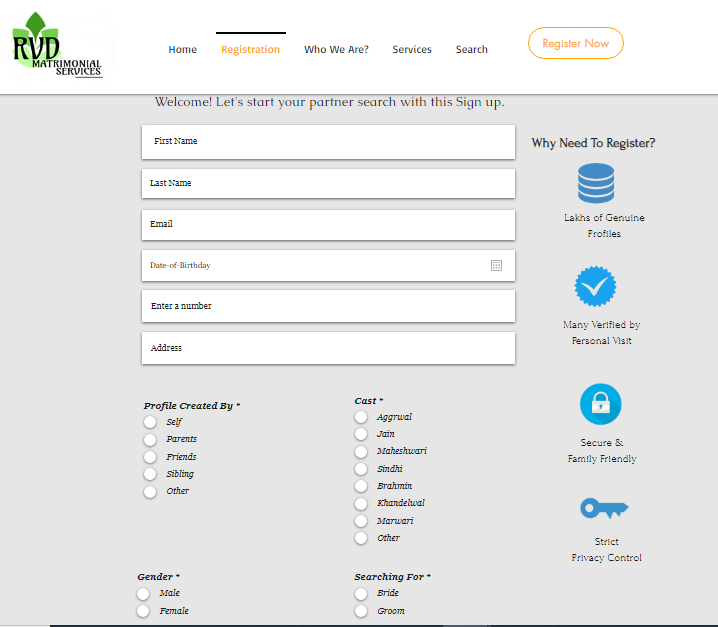 Easy Registration Process of RVD Matrimonial Services