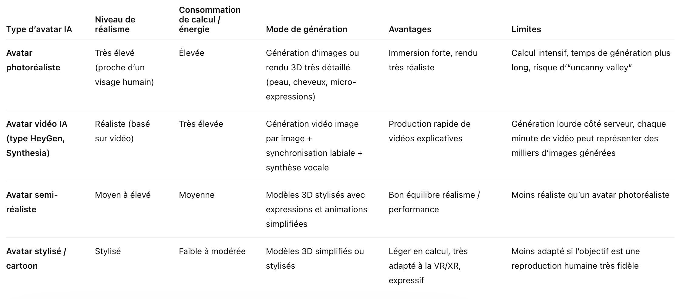 Tableau comparatif consommation générations image avatar IA / avatar Vidéo