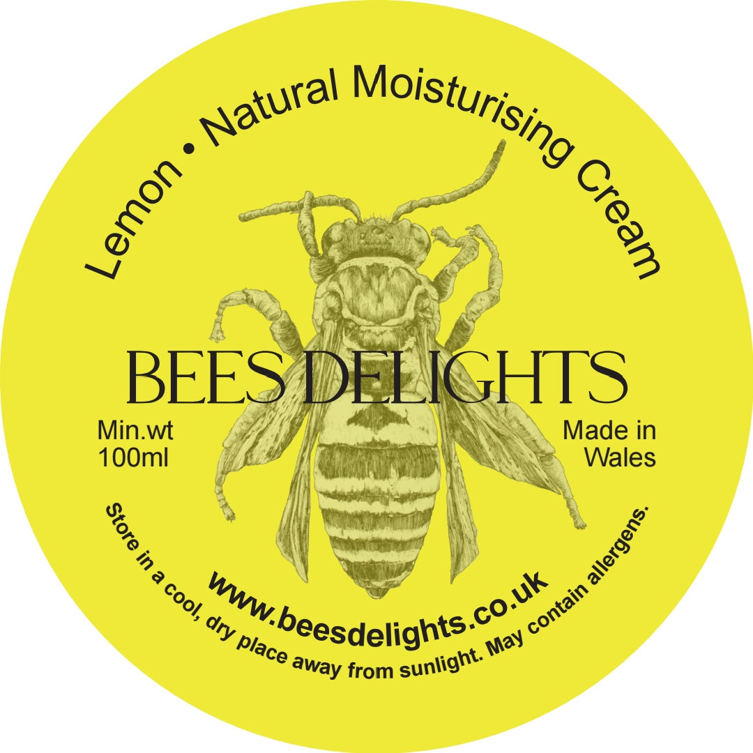 Lemon Natural Moisturising Cream product label in a bright citrus yellow colour with the Bees Delights' logo in the centre