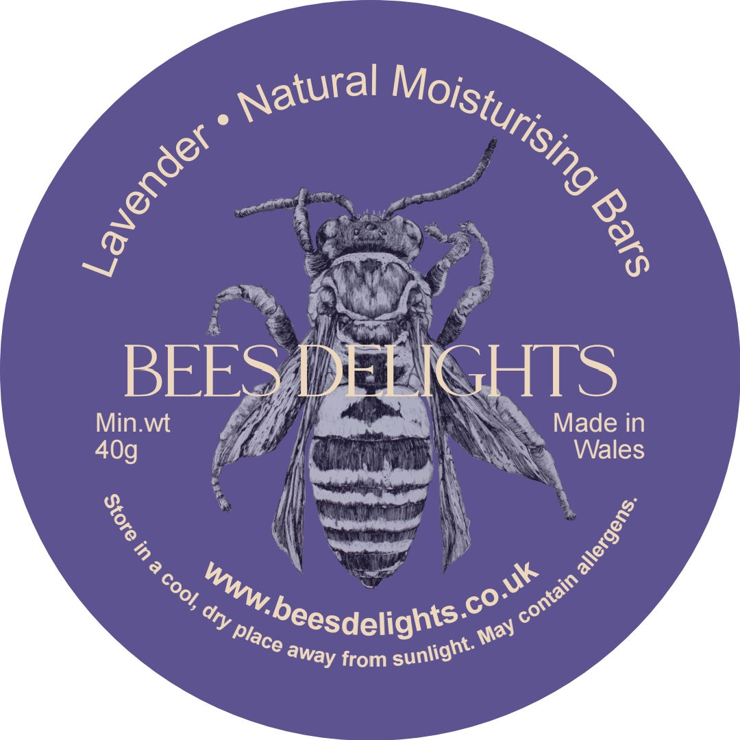 Purple product label for the Lavender Moisturising Bar - with the Bees Delights' logo