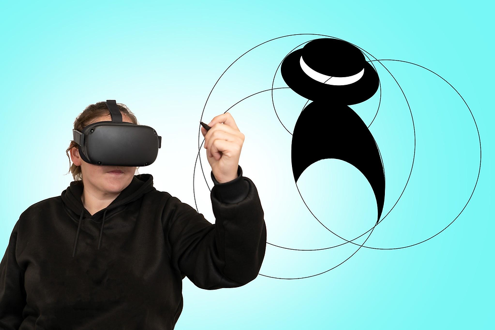Person in black hoodie uses VR headset, drawing with stylus. Abstract black shape on blue gradient background suggests virtual interaction.
