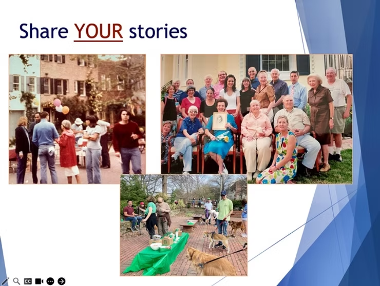 We are interested in neighborhood stories!  Here we show Historic District community gatherings – an I St Block party (Fall 1981), a memorial gathering at the big yellow house at 844 New Hampshire Ave, (June 2011), and the St. Patrick’s Day dog walk at 26th St. (soon to be Green’s Court) Park (March 2022).
