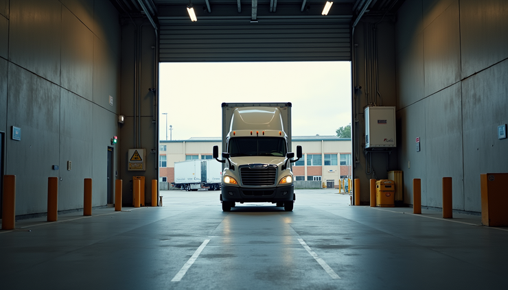 Eye-level view of a cargo van parked at a loading dock ready for freight pickup