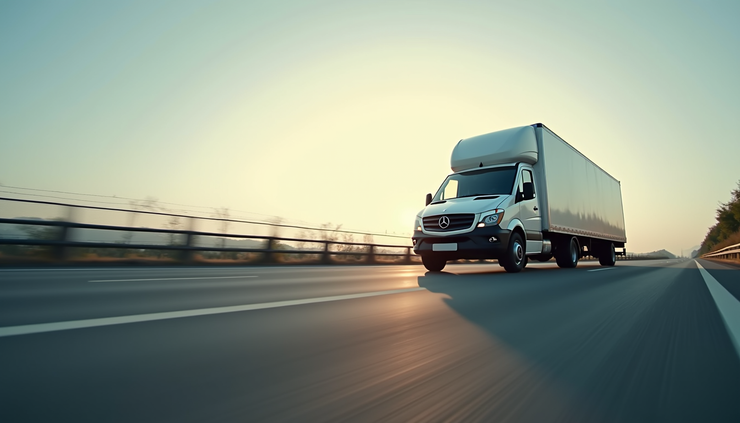 Eye-level view of a cargo van parked on a highway with an empty trailer attached