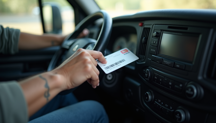 Close-up view of a cargo van dashboard showing fuel card inserted in a card reader