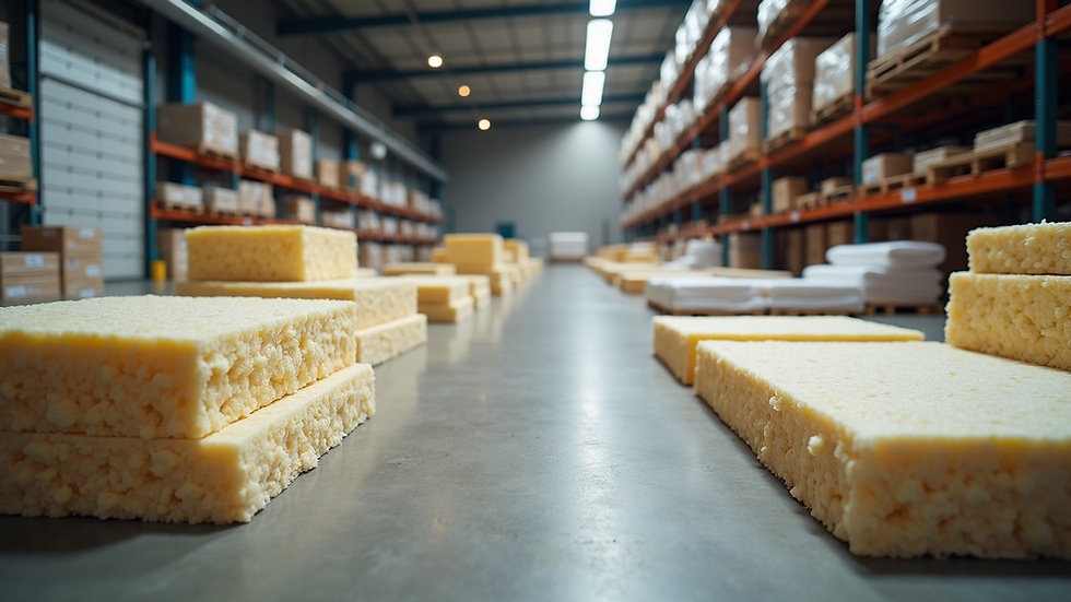 High angle view of insulation materials displayed in a warehouse