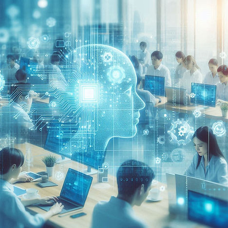 AI operating in the background of people working, with a light blue color theme, stretched