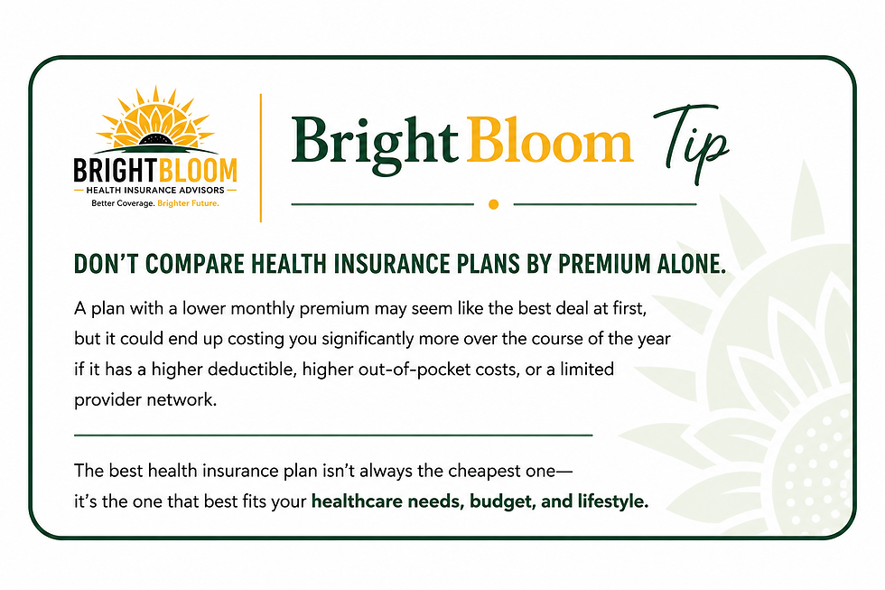 BrightBloom Health tip explaining why you should compare health insurance plans by more than just the monthly premium.