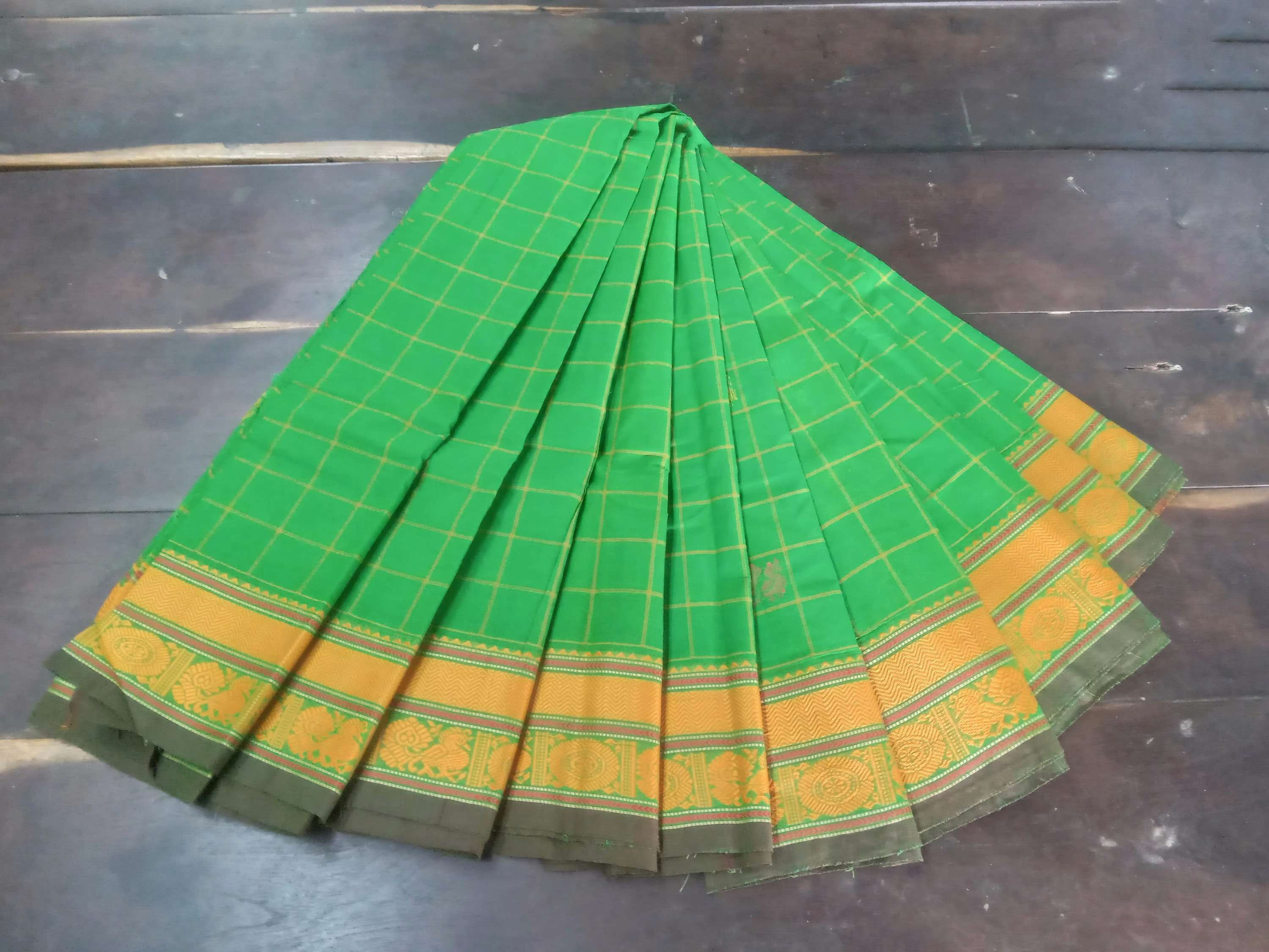Checked Cotton Saree Light Green