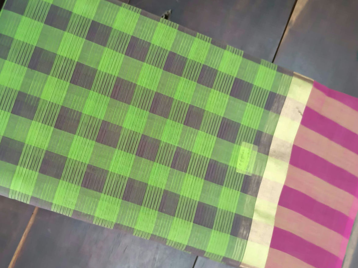 Green brown check Light weight Cotton Saree
