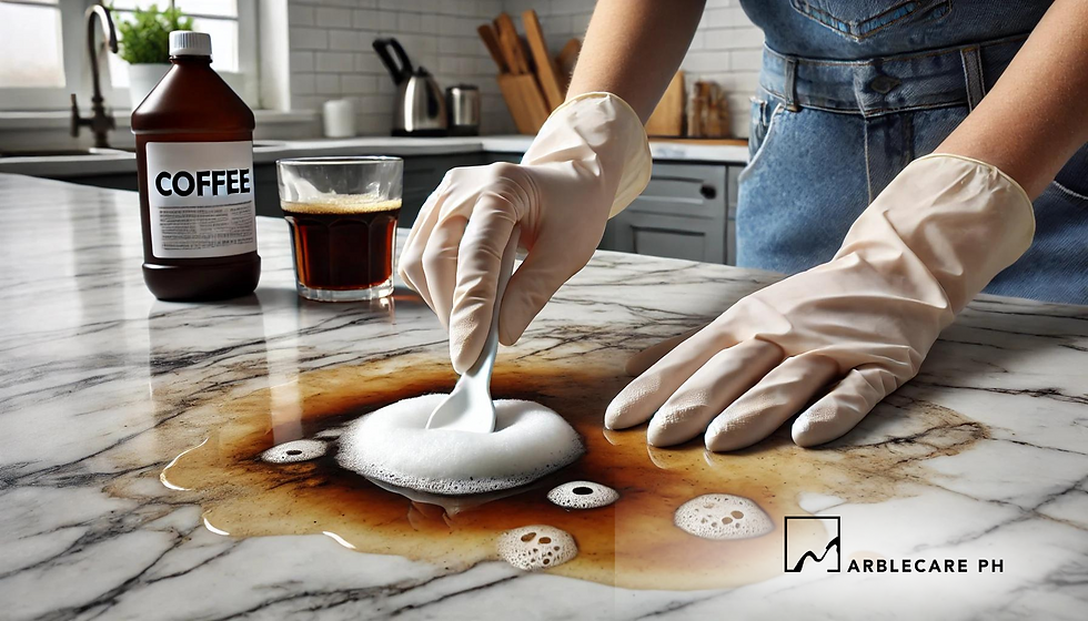 A person applying a poultice made of baking soda and hydrogen peroxide to a coffee stain on a marble surface.