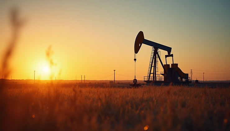 Eye-level view of an oil drilling rig in a U.S. basin