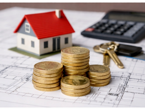 Toy house with red roof, stacked coins, keys, and calculator on architectural plans. Represents real estate or financial planning.