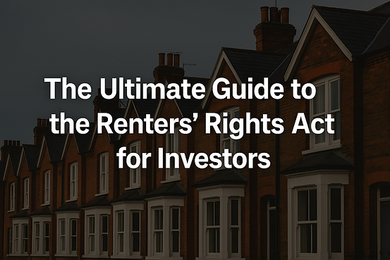 Row of brick houses at dusk with white text overlay: The Ultimate Guide to the Renters’ Rights Act for Investors.