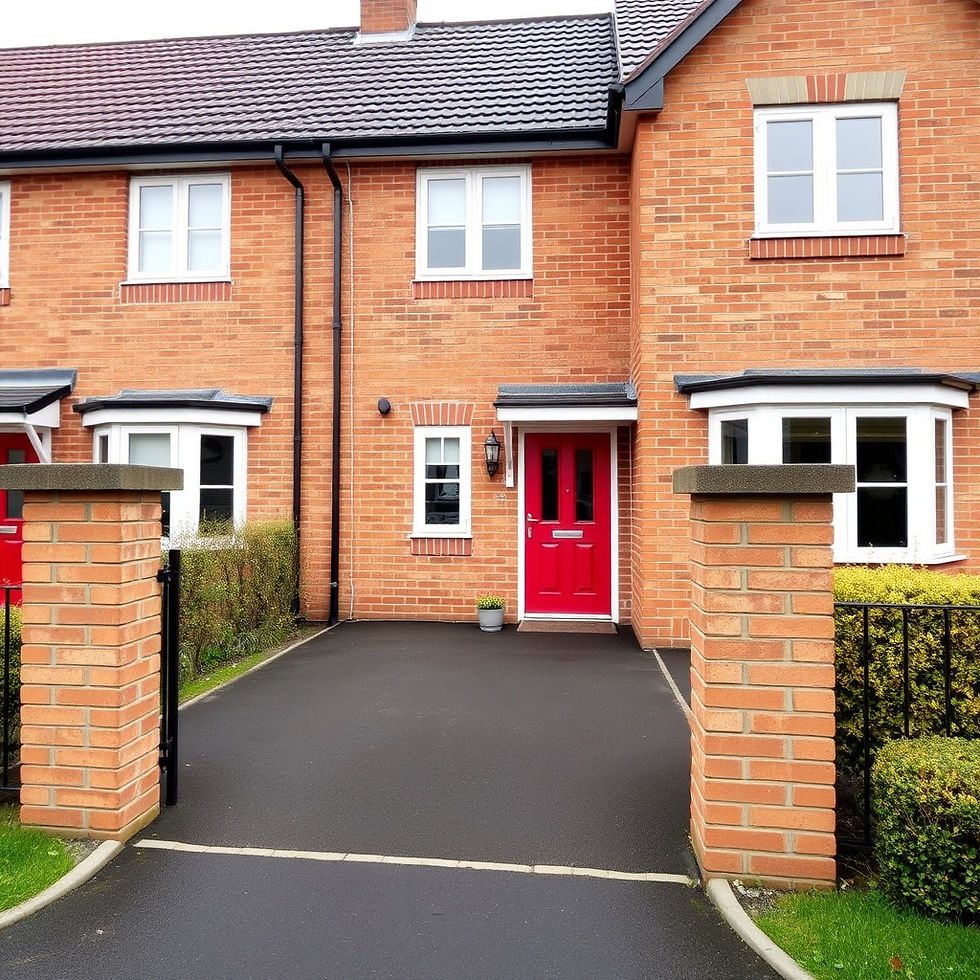 Brick house with a red door, white windows, and black roof. Framed by brick pillars and a driveway, with green bushes lining the path.