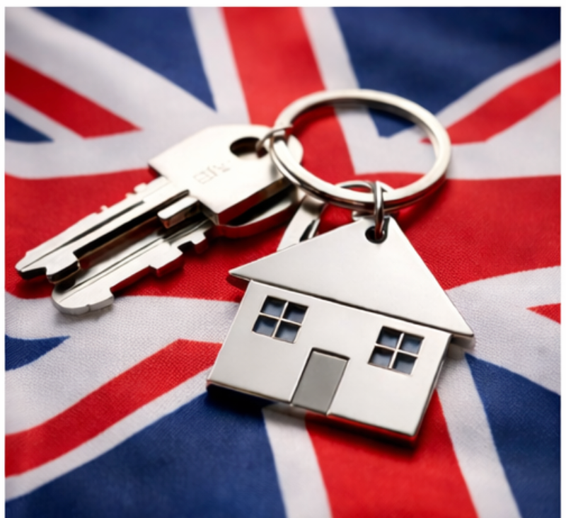 House-shaped keychain and keys on a Union Jack flag, symbolizing homeownership in the UK. Silver color and smooth texture.
