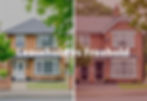 Split image of two brick houses with text "Leasehold vs Freehold" overlayed. Trees and greenery in foreground, calm suburban setting.