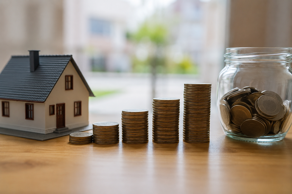 Miniature house beside rising stacks of coins and a jar of cash on a wooden table, suggesting savings and home investment