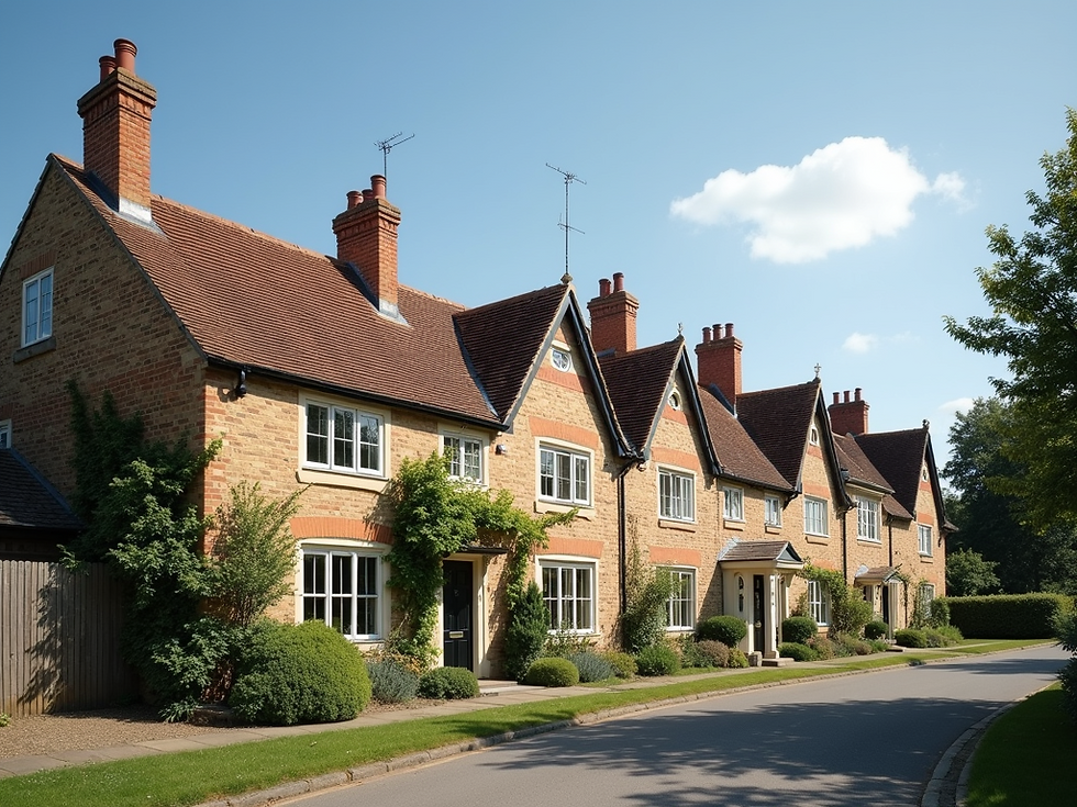 Row of charming brick houses with red roofs under a clear sky. Lush greenery and a quiet street create a serene suburban setting.
