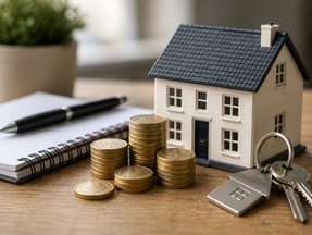 Model house with stacked coins, keys, notebook and pen on a wooden desk, suggesting property savings or home purchase planning