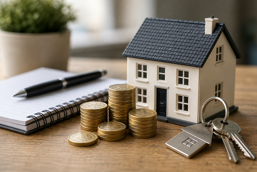 Model house with stacked coins, keys, notebook and pen on a wooden desk, suggesting property savings or home purchase planning