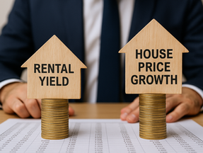 Wooden house cutouts on coin stacks labeled "Rental Yield" and "House Price Growth" with suited man in background. Business spreadsheet visible.