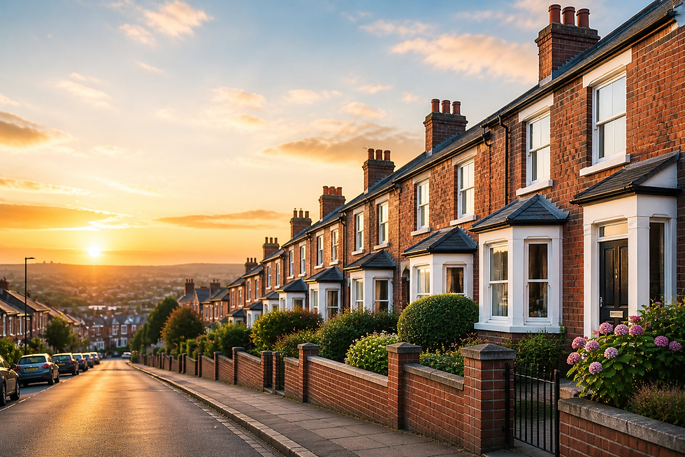 Sunset over a quiet residential street lined with red-brick houses, parked cars, and pink flowers under a glowing sky.