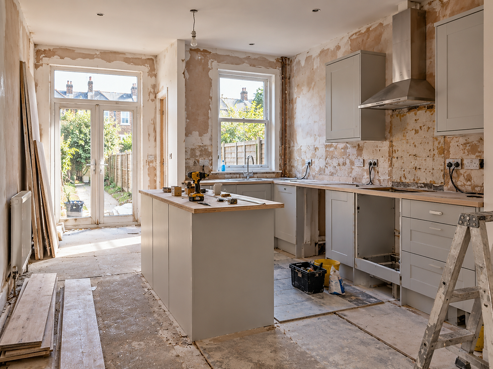 Partially renovated kitchen with gray cabinets, island, ladder and tools; sunlight through open doors and windows to a garden
