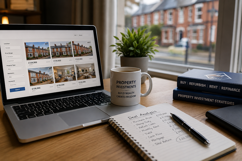 Laptop showing house listings beside a PROPERTY INVESTMENTS mug, deal notes, books and pen on a desk by a window.