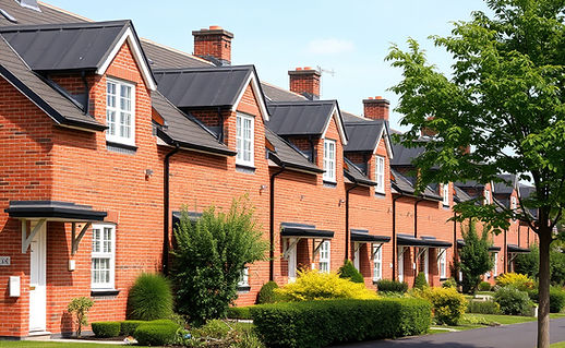 Row of modern red brick houses with black roofs and dormer windows, lined by lush green bushes and trees under a clear blue sky.