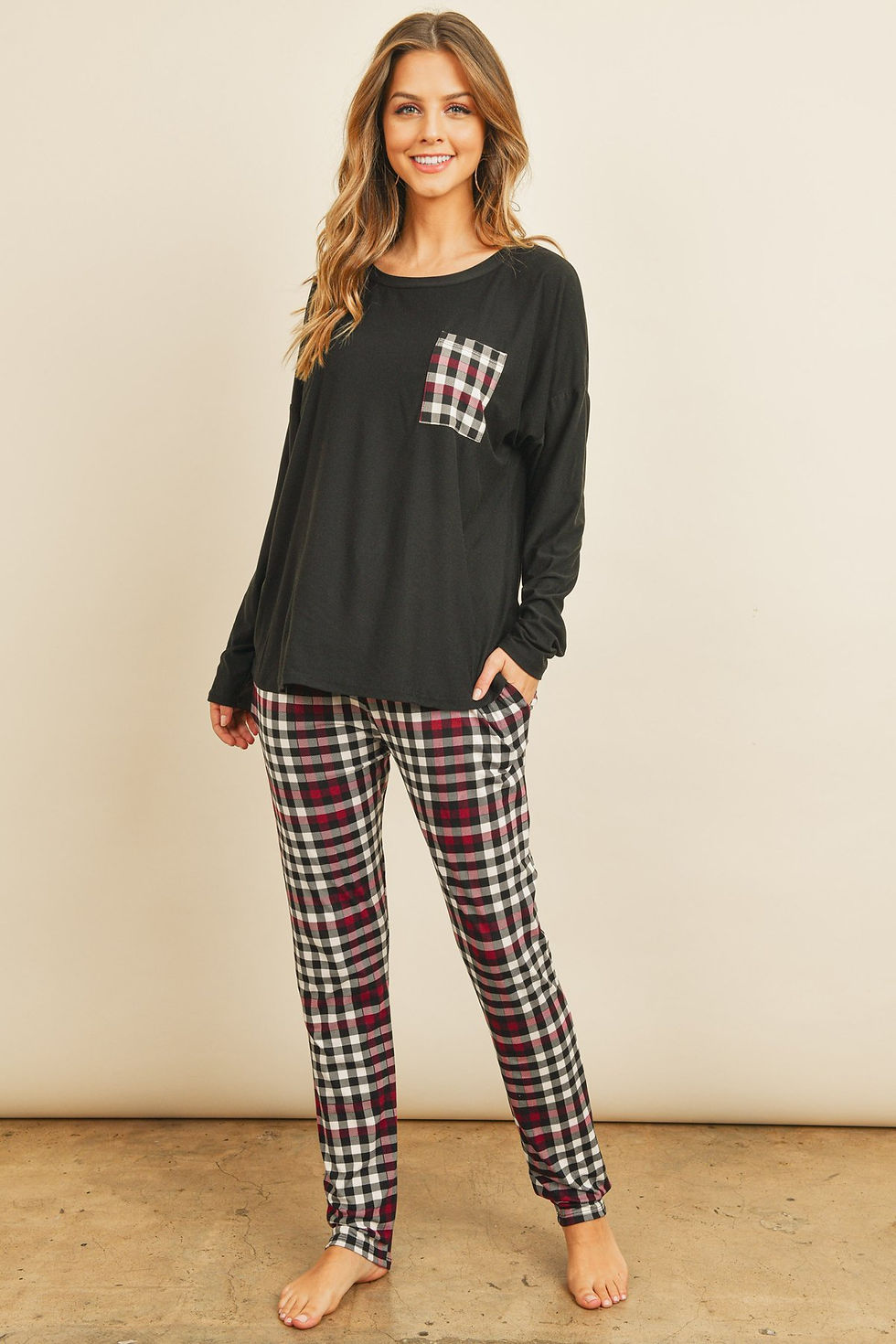 Thumbnail: Solid Top Plaid Pocket and Joggers Set With Self Tie