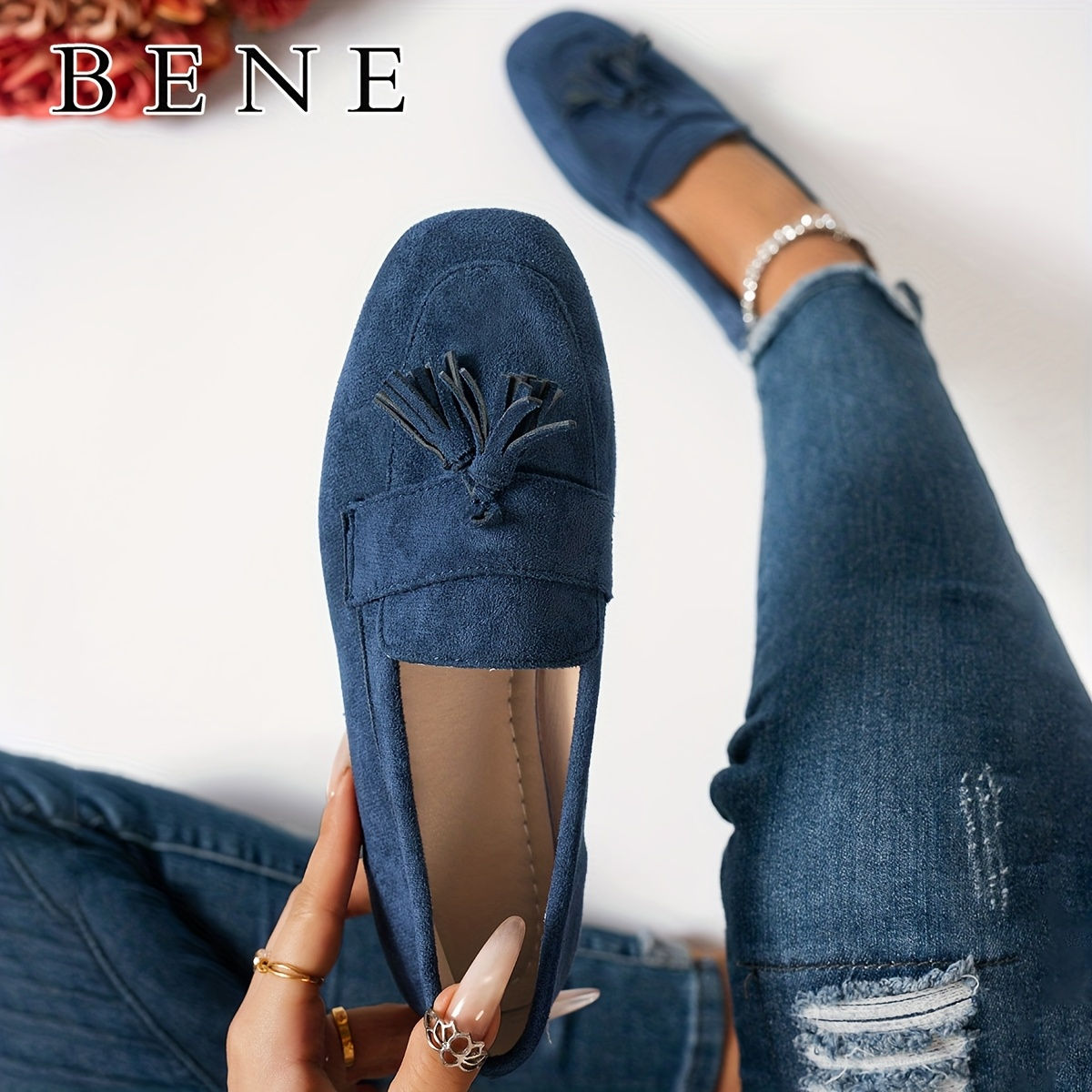 Ladies' Elegant Square Flat-toed Green Tassels And Floral Pendant Loafers Are Su