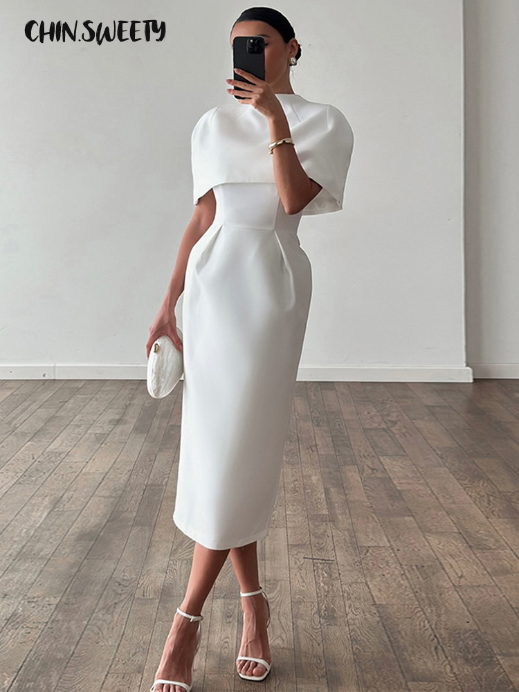 Elegant Solid Shawl Dress Women's Suit Short Sleeve Waist-Closed Slim Lady Set 2