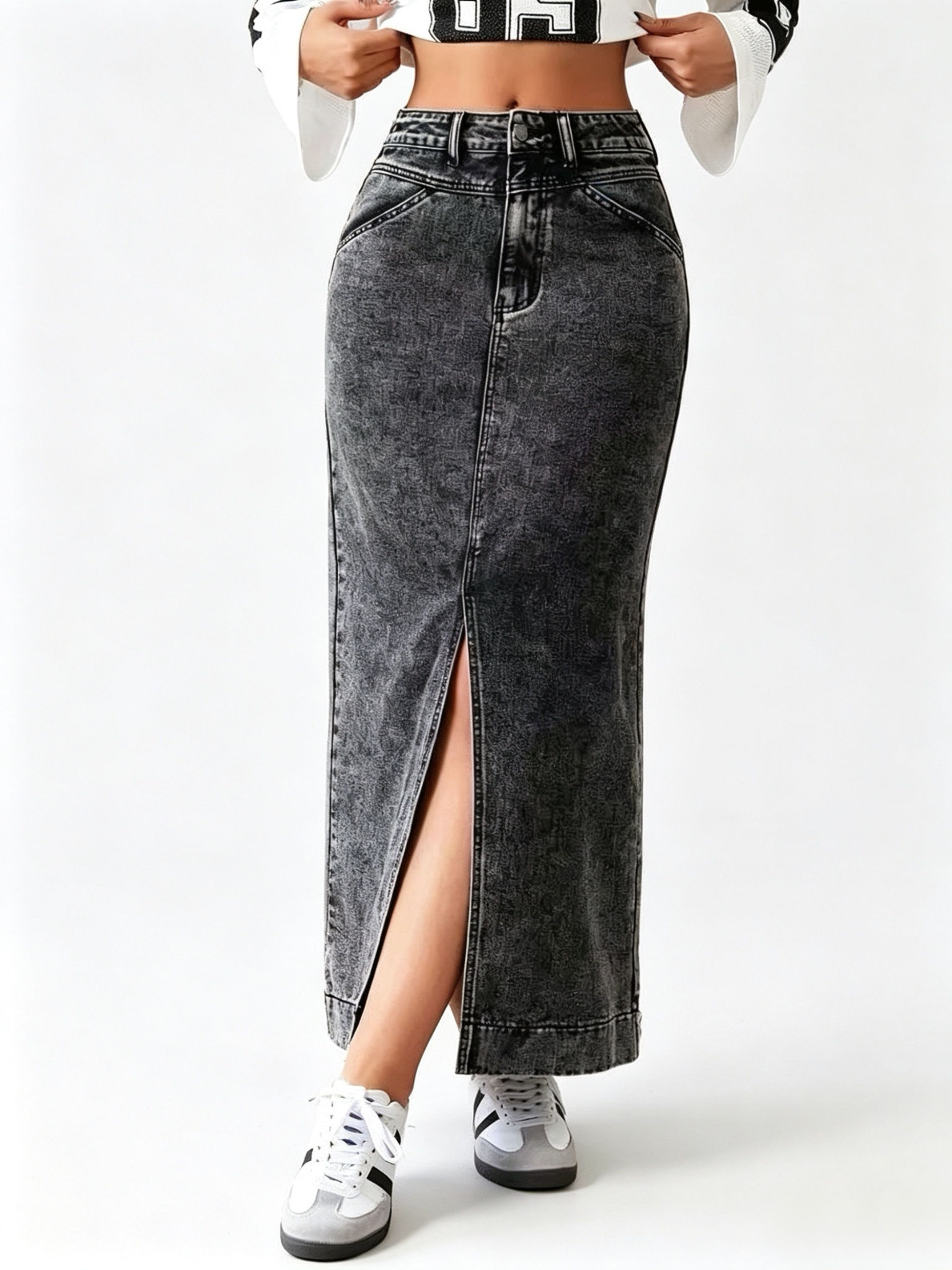 Women's Gray High-Waisted Front-Slit Denim Skirt, Mid-Length Pencil Skirt
