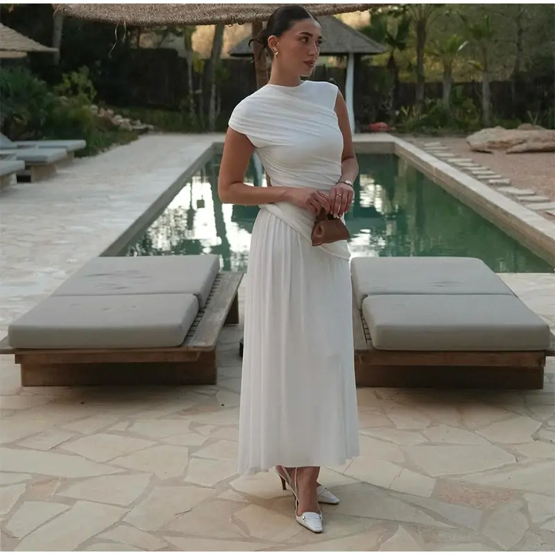 Thumbnail: Fashion O Neck Sleeveless Bodycon Dresses Women Elegant White Pleated Irregular 