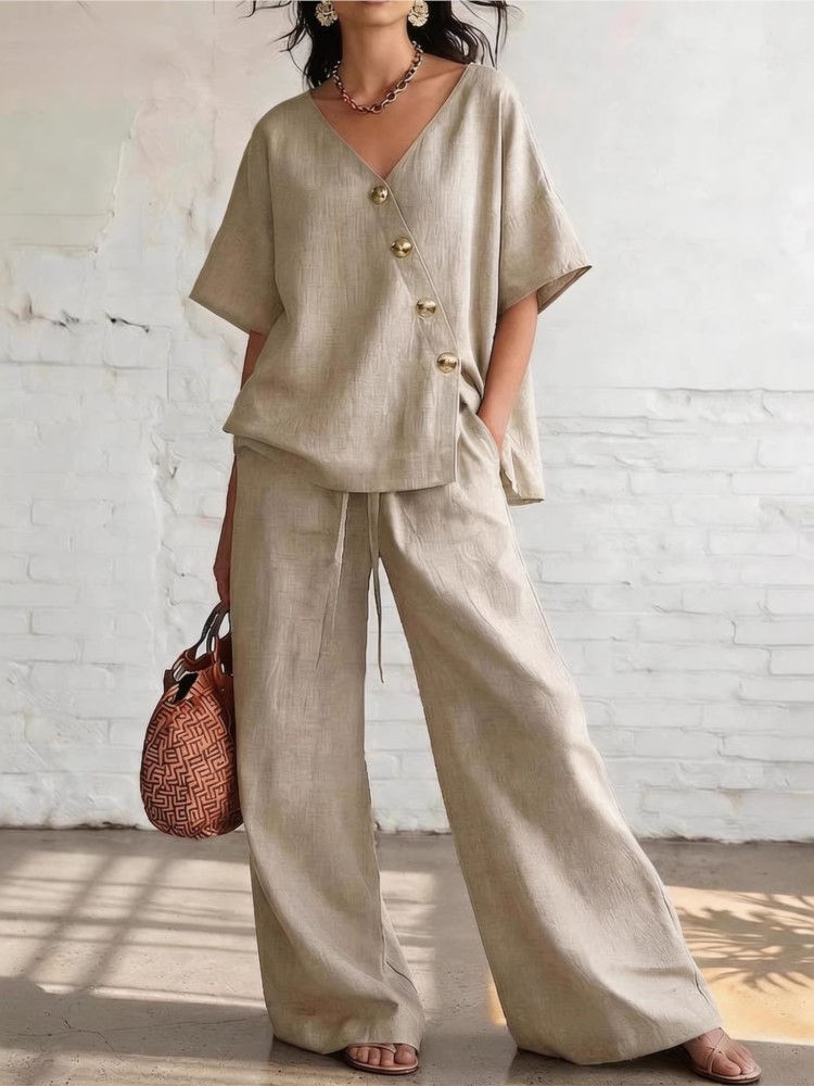 Casual Loose Pants Sets Women Summer 2026 Fashion Short Sleeve V-neck Tops And W